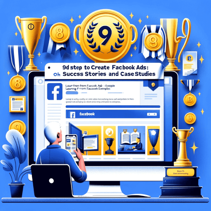 A-digital-image-for-the-ninth-step-of-creating-Facebook-ads_-Learning-from-success-stories-and-case-studies.-The-image-should-depict-a-trophy-or-medal