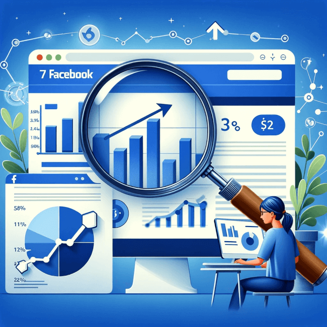 A-digital-image-for-the-seventh-step-of-creating-Facebook-ads_-Analyzing-and-optimizing.-The-image-should-depict-a-magnifying-glass-over-a-detailed-an