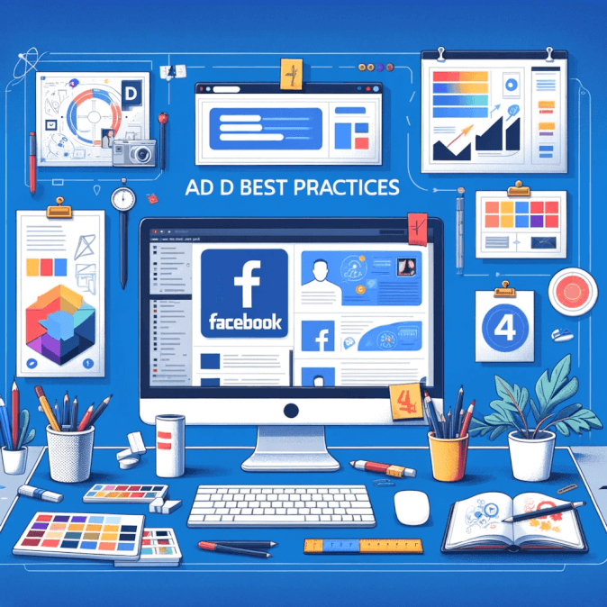 Digital-image-for-the-fourth-step-in-creating-Facebook-ads_-Ad-design-best-practices.-The-image-should-feature-a-designers-workspace-with-a-computer