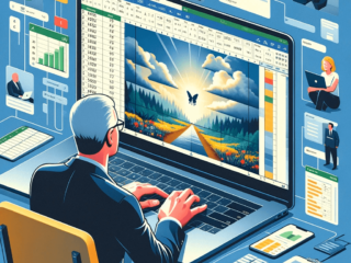 Gelöst lokale Bilder in Zellen einfügen - Excel 365 - insert in cell: Es illustriert einen Laptop mit einer geöffneten Excel 365-Anwendung, auf dessen Bildschirm eine Tabelle mit einem eingefügten Landschaftsbild in einer Zelle zu sehen ist. Im Hintergrund sind Elemente, die mit Programmierung und Excel zu tun haben, wie VBA-Code-Snippets und Excel-Icons, dargestellt. Eine Person sitzt vor dem Laptop und konzentriert sich auf den Bildschirm, was der Illustration einen professionellen Kontext verleiht.