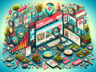 Wie funktioniert Affiliate Marketing auf Pinterest? Das Bild zeigt ein großes, visuell ansprechendes Pinterest-Board in der Mitte, gefüllt mit verschiedenen attraktiven Pins zu Affiliate-Produkten. Jeder Pin ist sorgfältig gestaltet, um die Aufmerksamkeit auf sich zu ziehen, mit klaren Bildern und aussagekräftigen Textüberlagerungen. Um die Pinnwand herum befinden sich Symbole, die für Wachstum, Strategie und Erfolg stehen, wie z. B. eine Lupe über einem Schlüsselwort, ein Diagramm, das Aufwärtstrends anzeigt, und eine Trophäe. Die Gesamtatmosphäre des Bildes sollte dynamisch und einnehmend sein, mit einer Farbpalette, die die Farben des Pinterest-Brandings widerspiegelt.