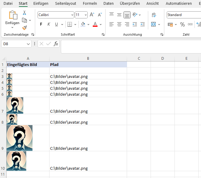 So sieht das Ergebnis in Excel aus, wenn man ein Bild von der lokalen Festplatte in einer Zelle korrekt darstellen möchte,. In einer Spalte ist das Bild und in der anderen Spalte wird der Pfad eingetragen.